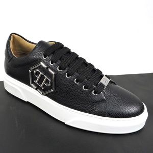 PHILIPP PLEIN 🇮🇹 MEN'S BLACK LEATHER COMFORT FASHION SNEAKERS